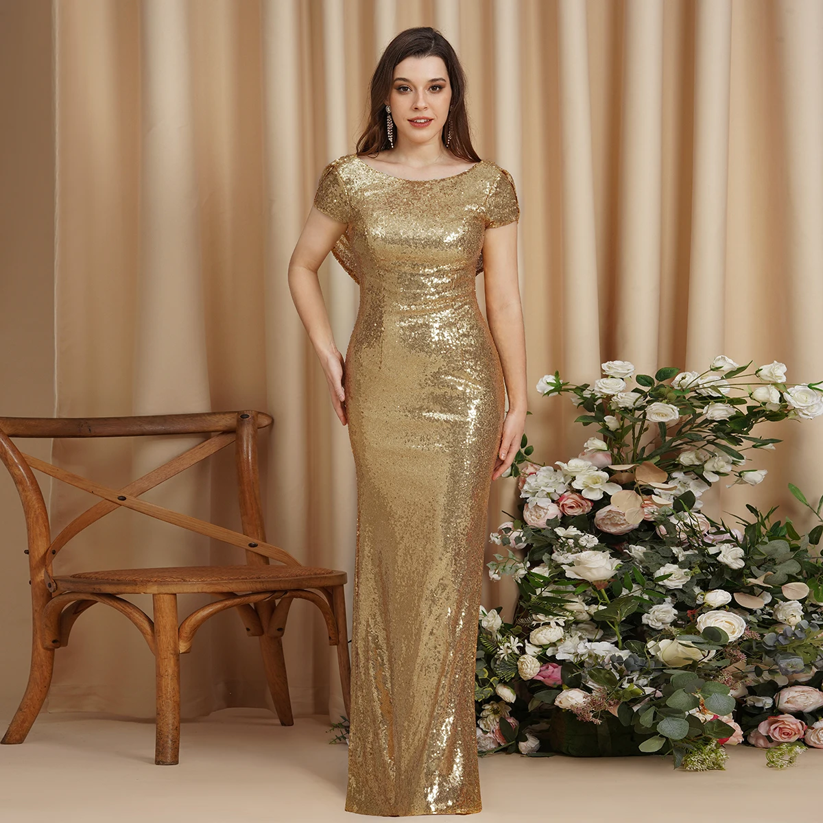 Gold Sequined Bridesmaid Dresses Low Cowl Back Sheath Mermaid Cap Sleeve Evening Prom Gowns Backless Wedding Guest Party Dress CPS344