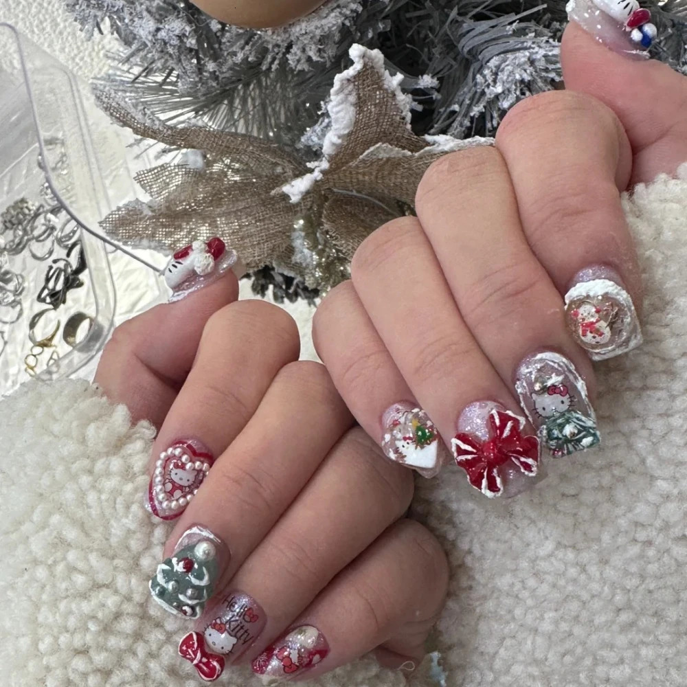10 handmade nail clippers handmade French white kitten short square fake nails Christmas limited edition with set 241031