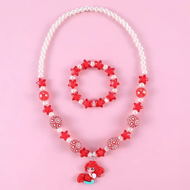 Makersland Children Necklace Bracelet Set,Cute Pendant Pink Purple Beaded Jewellery Girls Necklace Beads Jewelry Sets Wholesale