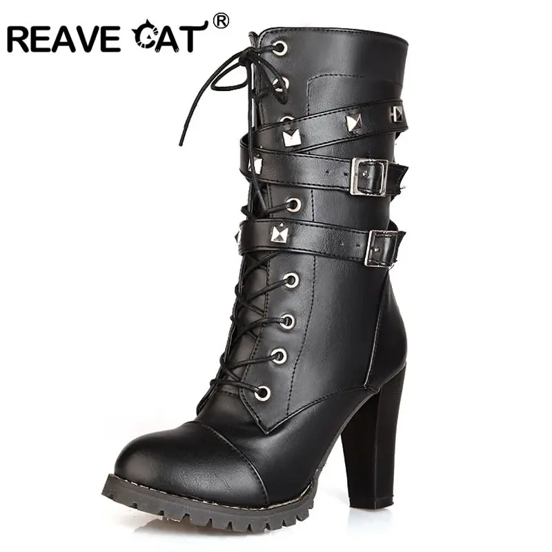 REAVE CAT Women Mid Calf Boots Thick High Heels Round Platform Buckle Zipper Rivets Lace Up Leather Botas Winter Fur 43 QA3646