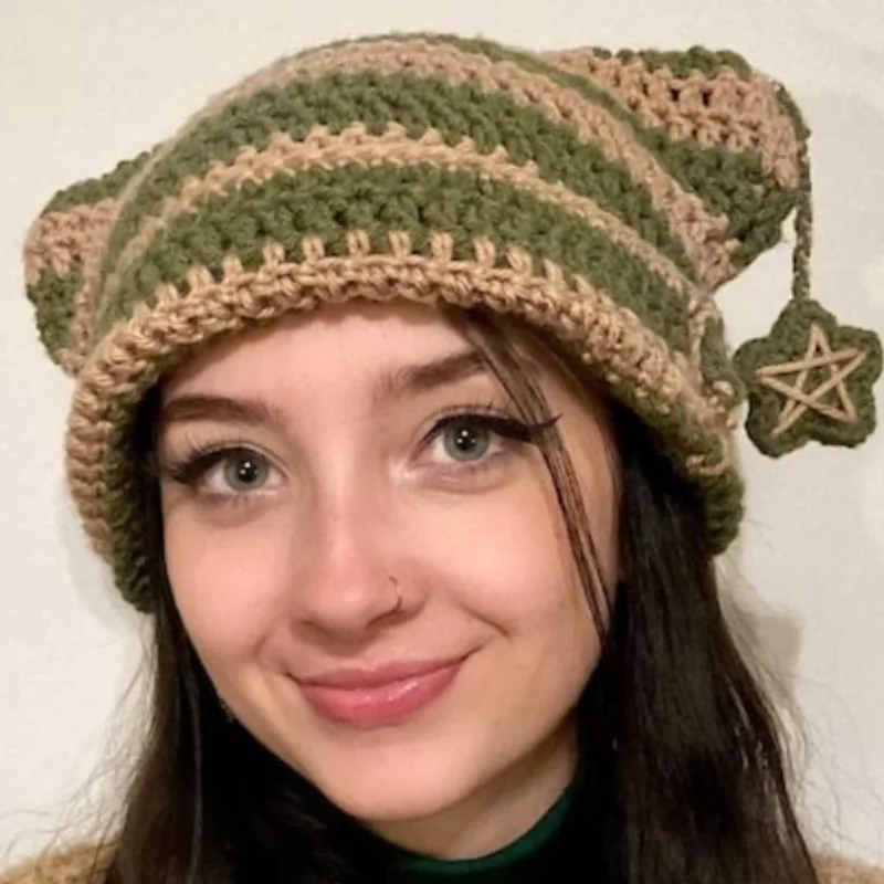 Y2K Crochet Stripe Pattern Cat Ear Hat Handmade Soft Winter Warmer Knitted Hat Cold Winter Presents for Students Teenagers