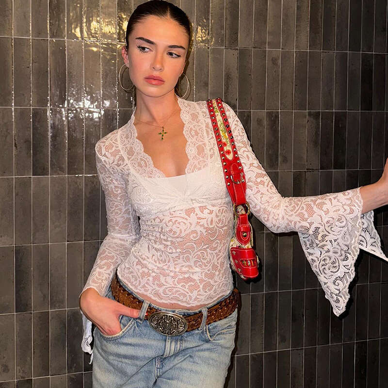 Designer style sexy deep V-lace women's solid color transparent trumpet long sleeved pullover street hollow slim fit top party set