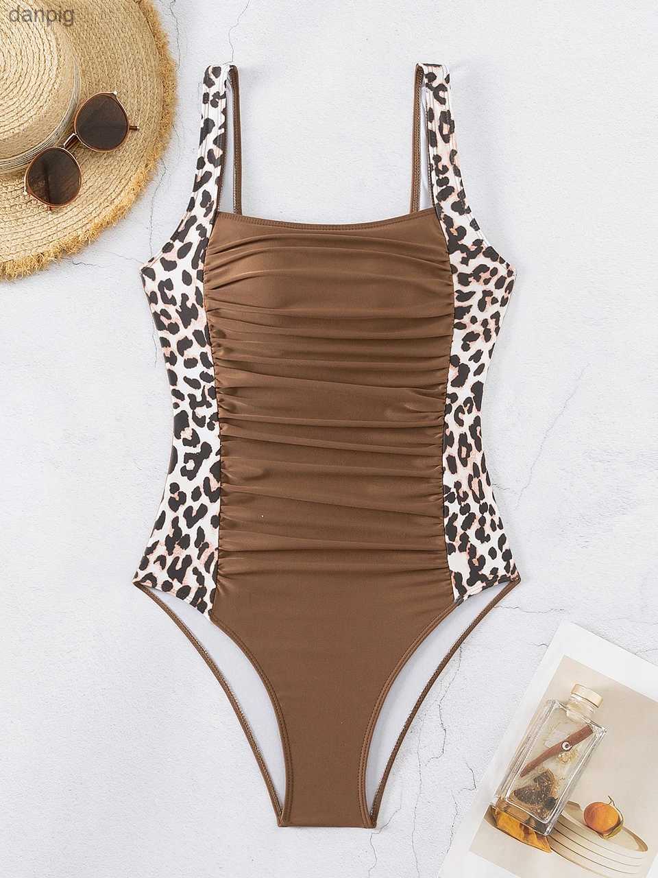 Women's Swimwear One Piece Leopard Swimsuit 2024 Women Slim Ruched Swimwear Women Backless Beach Bather Suit Female Bathing Swimming Bodysuit 2xl