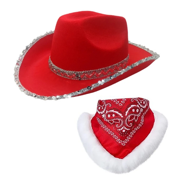 Santa Party Christmas Luminous Cowboy Hat Western Red Felt Hats Wide Brim Cowgirl Hat Hat For Women Men Dropshipping
