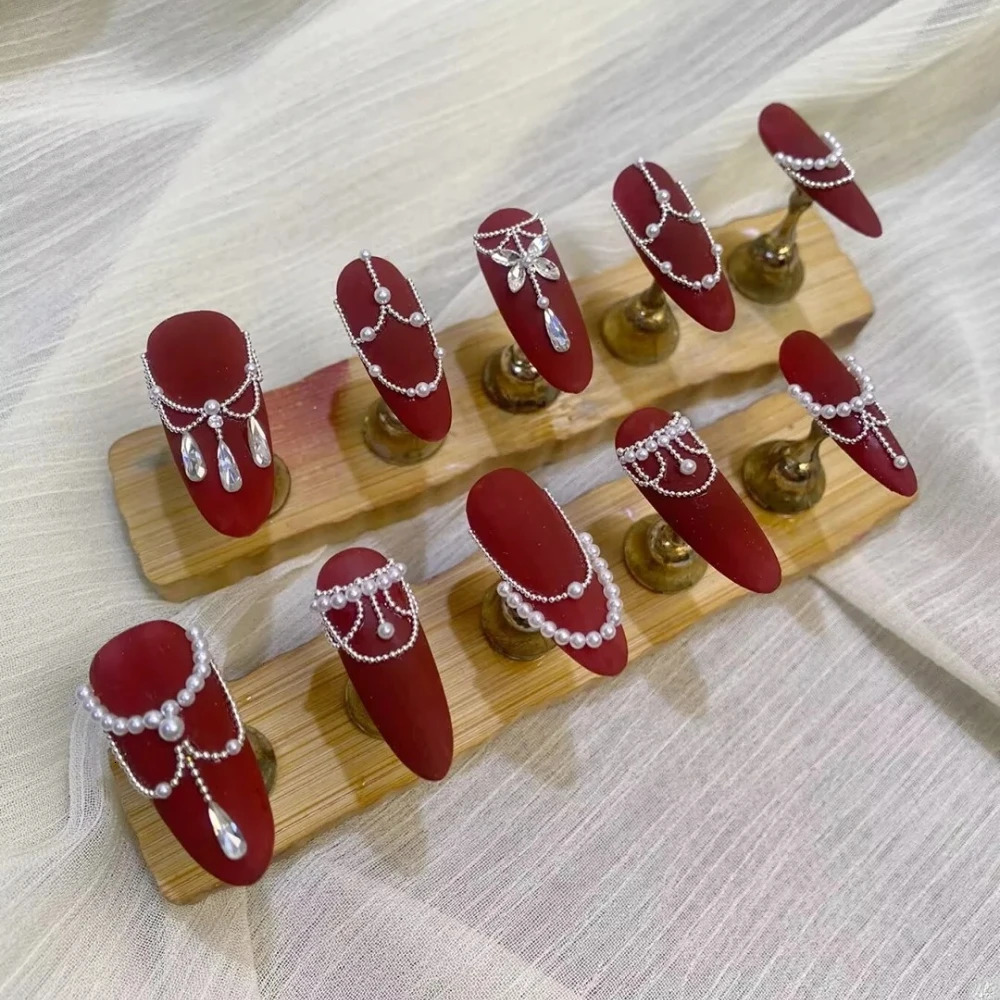10 handmade pressed nails handmade long almond fake nails Christmas and Year limited edition red diamond nail n with set 241031