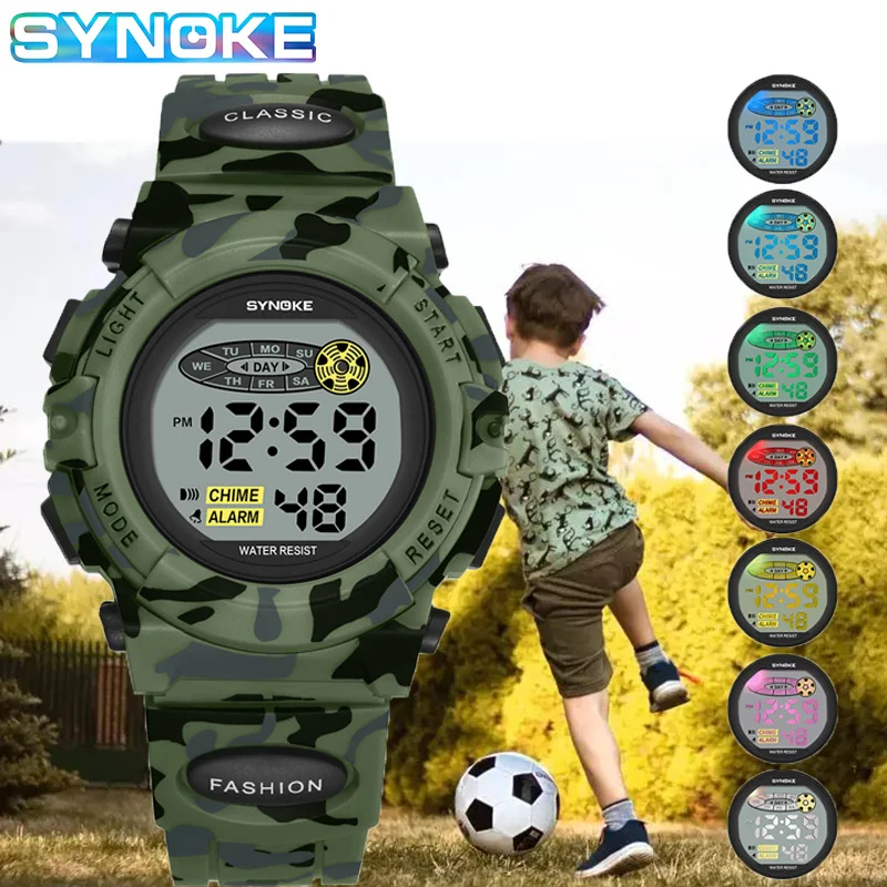 Camouflage Kids Watches Sport Children's Watch Waterproof Colorful Lights SYNOKE Brand Watch