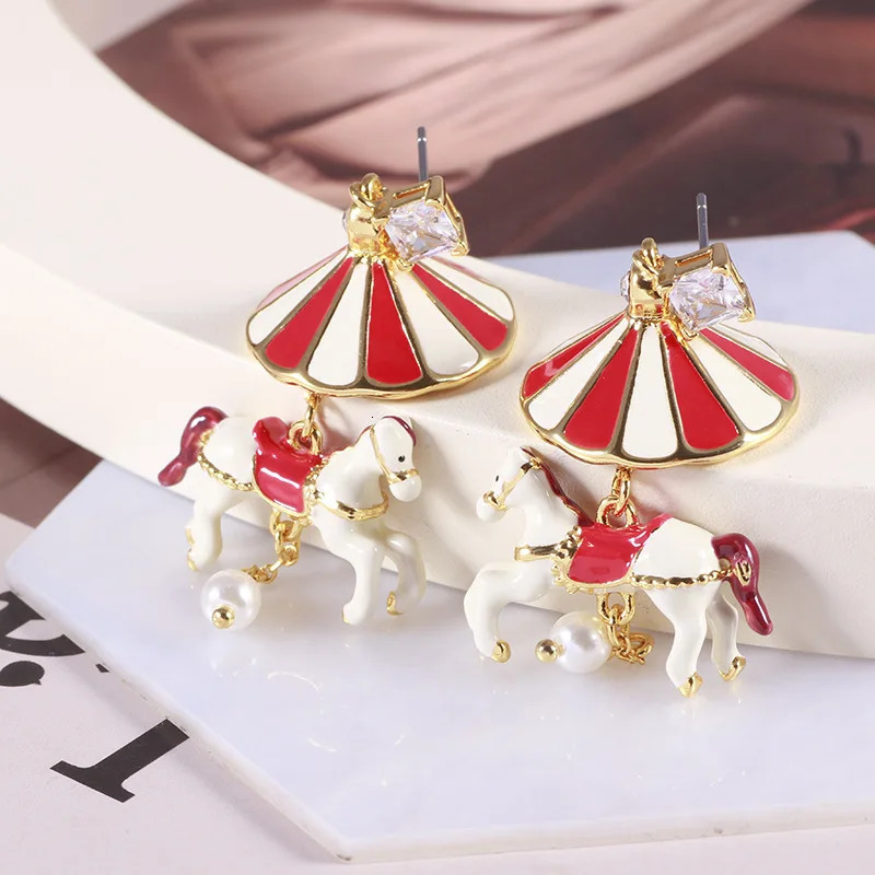 Trend Classic Hand drawn Enamel Carousel Pendant Earrings Christmas and Year Collection Fun Creative Charm Tassel Earrings 241031