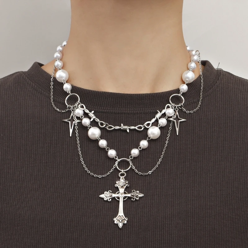Victorian Gothic Cross Rosary Necklace With Chain Charm Handmade Sacred Pearl Beaded Necklace Layered Necklace