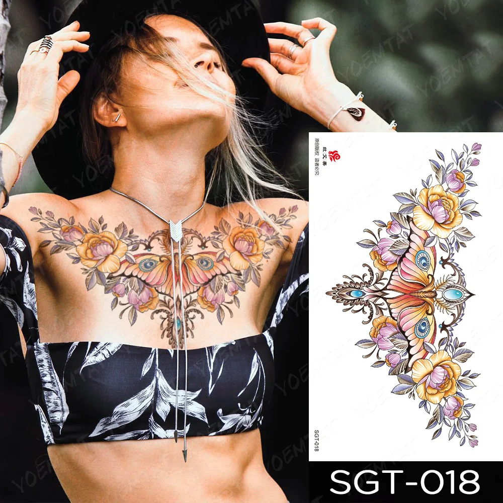 Chest Tattoo Stickers Mandala Color Gemstone Flower Waterproof Temporary Fake Tato Large Waist Shoulder Sexy Body Art Men Women