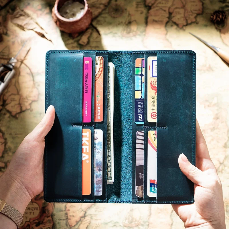 Crazy Horse Leather Long Purse Genuine Leather Cow Leather Double Fold Men's Wallet Retro Men's Large Capacity Clutch Bag
