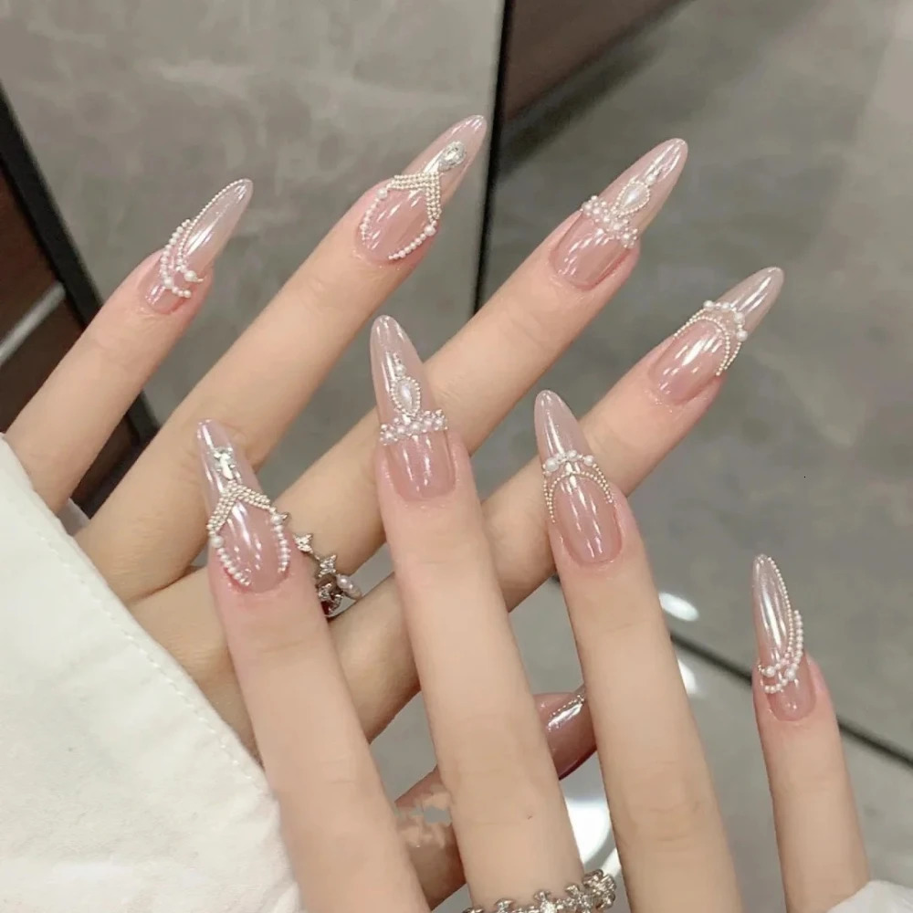 10 handmade pressed nails handmade medium almond fake nails Christmas and Year limited edition shiny and elegant nail n with set 241031