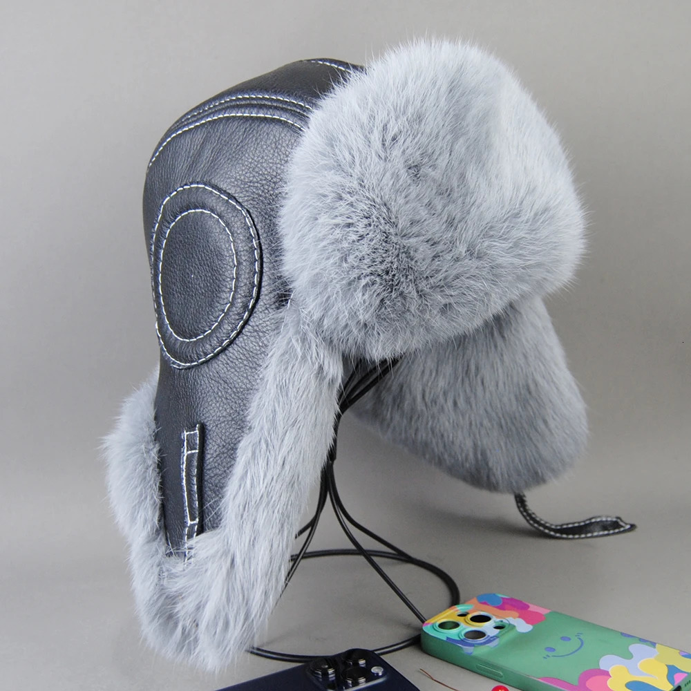 Mens 100% Natural Rabbit Fur Bomber Hat Winter Russian Mens Warm Genuine Sheepskin Hat 241031