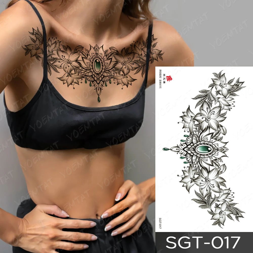 Large Chest Waist Shoulder Back Waterproof Temporary Tattoo Sticker Lace Gemstone Flower Fake Tatoo Underboob Body Art For Women