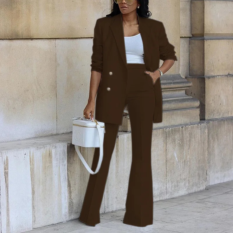 Womens clothing autumn solid color casual suit wide leg pants set two-piece set ensemble womens two-piece set 241031
