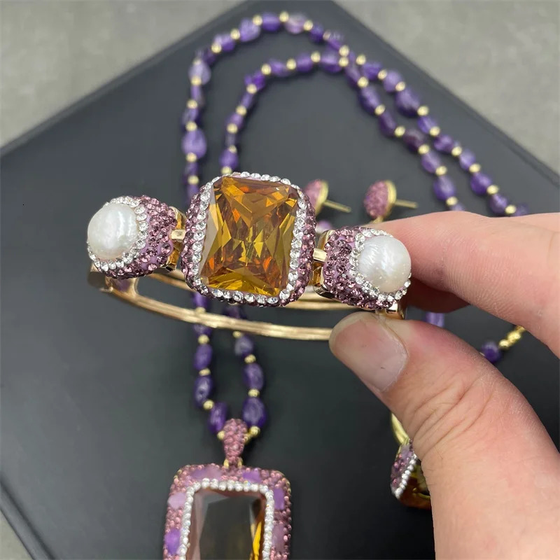 Large Zultanite freshwater pearl jewelry Sudanese diaspora stone color change womens tourmaline quartz necklace earrings jewelry 241031