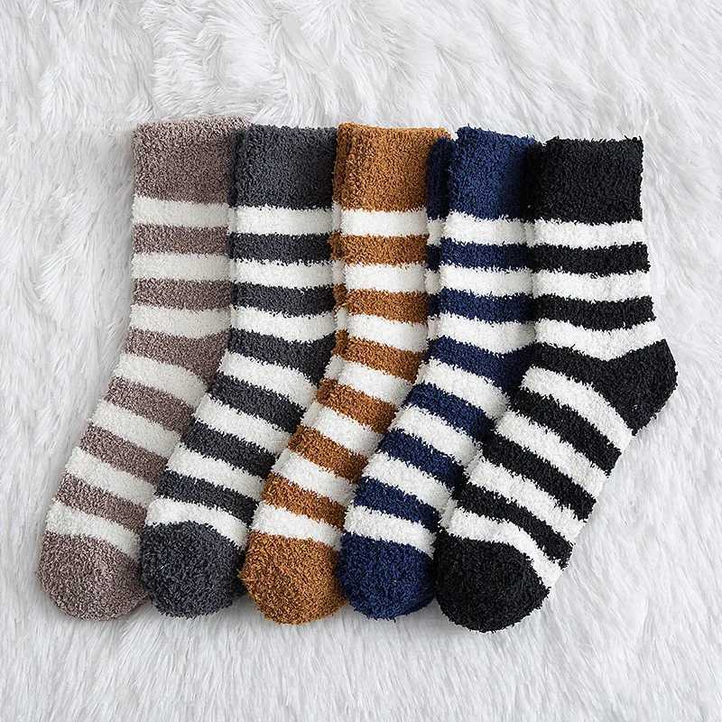 Striped Men Thick Coral Velvet Winter Warm Soft Man Fluffy Home Indoor Floor Terry Towel Fuzzy Sock Mens Male Meias LX241102
