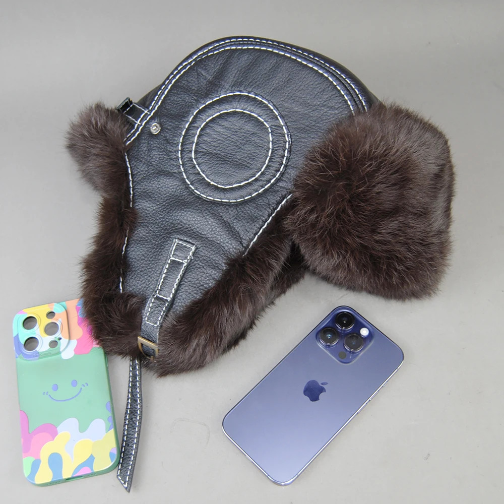 Mens 100% Natural Rabbit Fur Bomber Hat Winter Russian Mens Warm Genuine Sheepskin Hat 241031