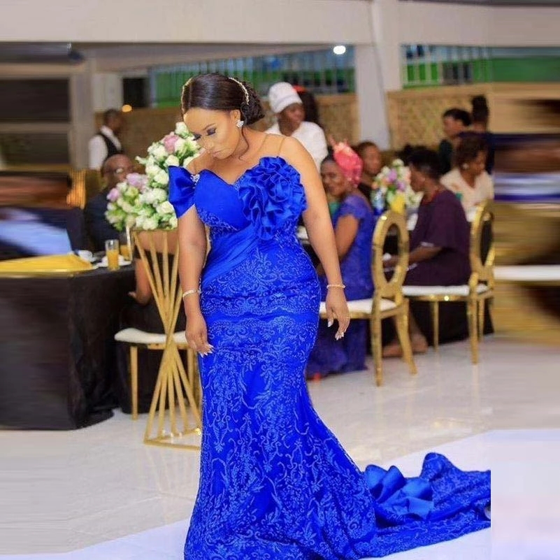 Blue Sexy Royal Mermaid Evening Dresses Illusion Appliques Lace Crystal Beaded Short Sleeves Sweep Train Custom Prom Party Gowns Elegant Lz0304