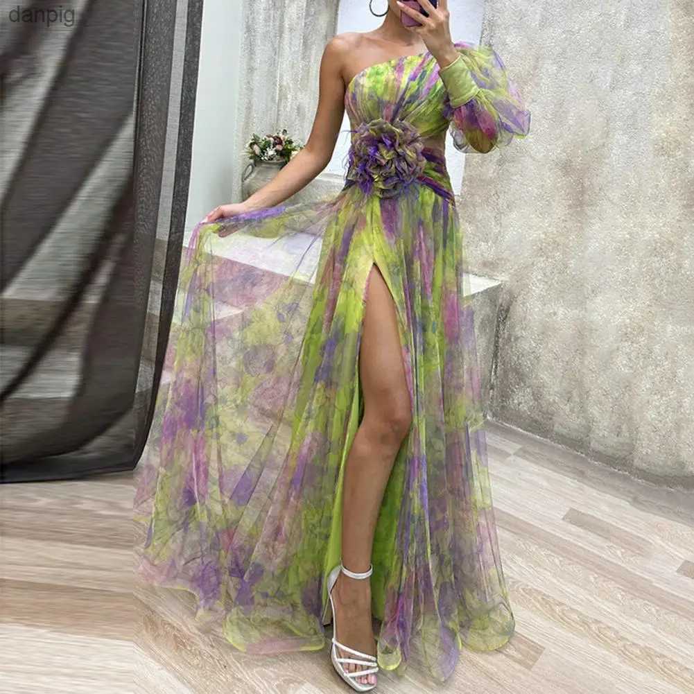 Urban Sexy Dresses Tie Dye Printed Shoulder Dress Formal Evening Dress Elegant One Shoulder Tie Dye Ball Dress Mesh Bubble Slime Split hem Y240402