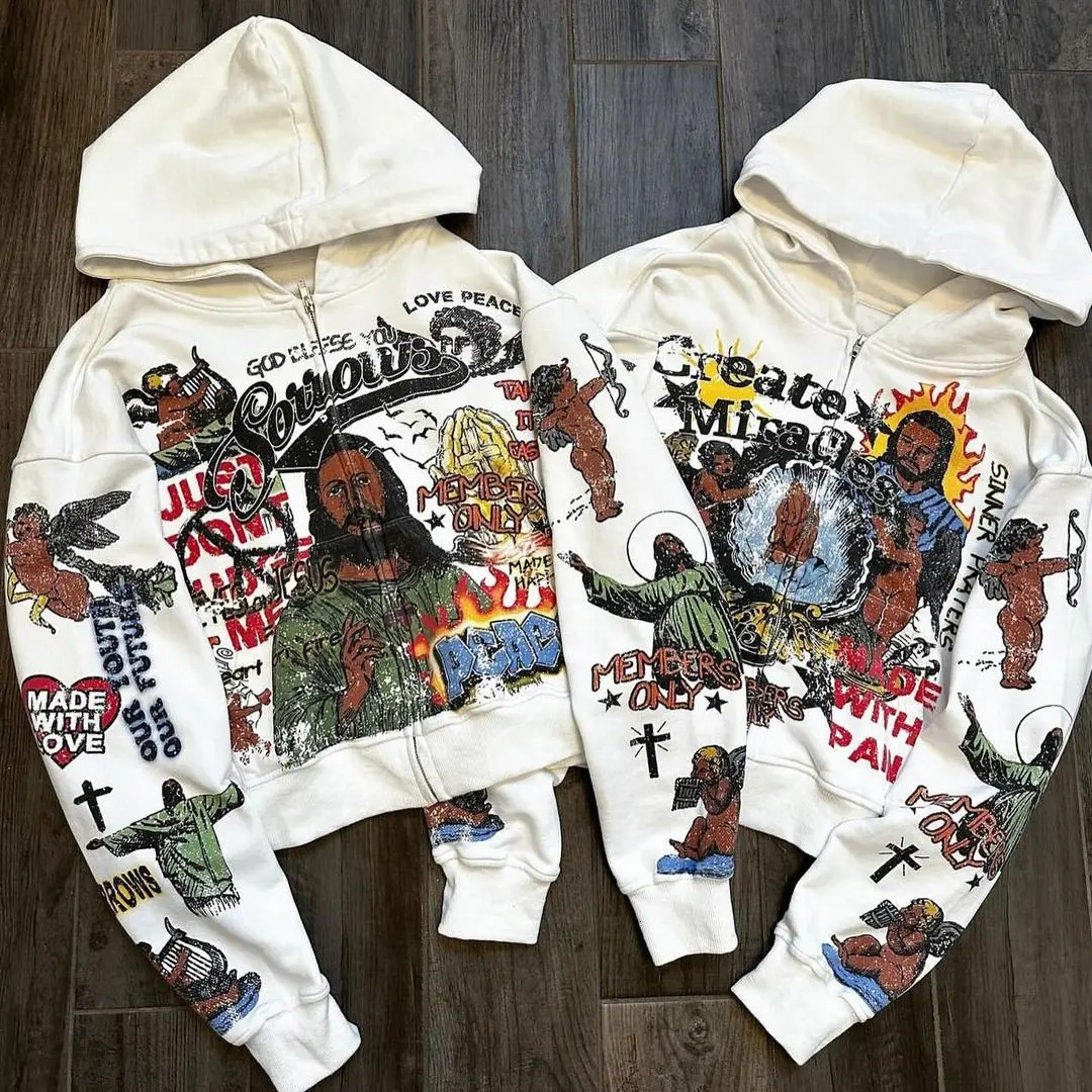 Y2k Zipper Hoodie Large Pattern Printed Long Sleeve Sweatshirt Mens Harajuku Zipper Hoodie 241030