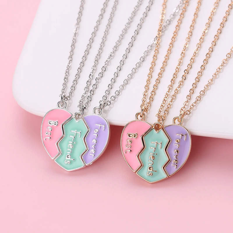 Luluo&baby 3Pcs/Set Cute 3-color Heart Broken Stitching Magnetic Best Friend Necklace for Girls Kids BFF Friendship Jewelry Gift