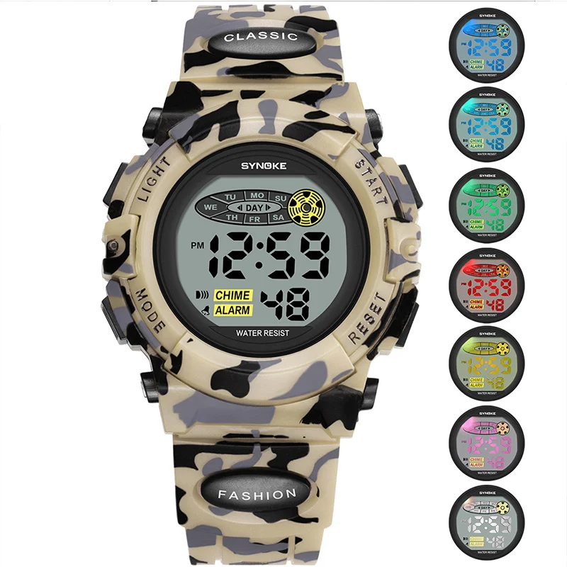 Camouflage Kids Watches Sport Children's Watch Waterproof Colorful Lights SYNOKE Brand Watch