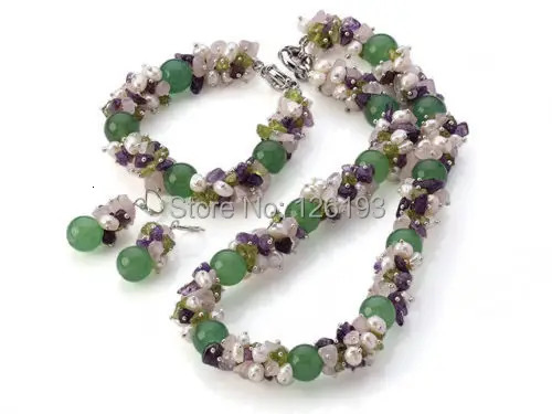 Beautiful short and chubby natural freshwater pearl Aventurine stone necklace earrings bracelet set 241031