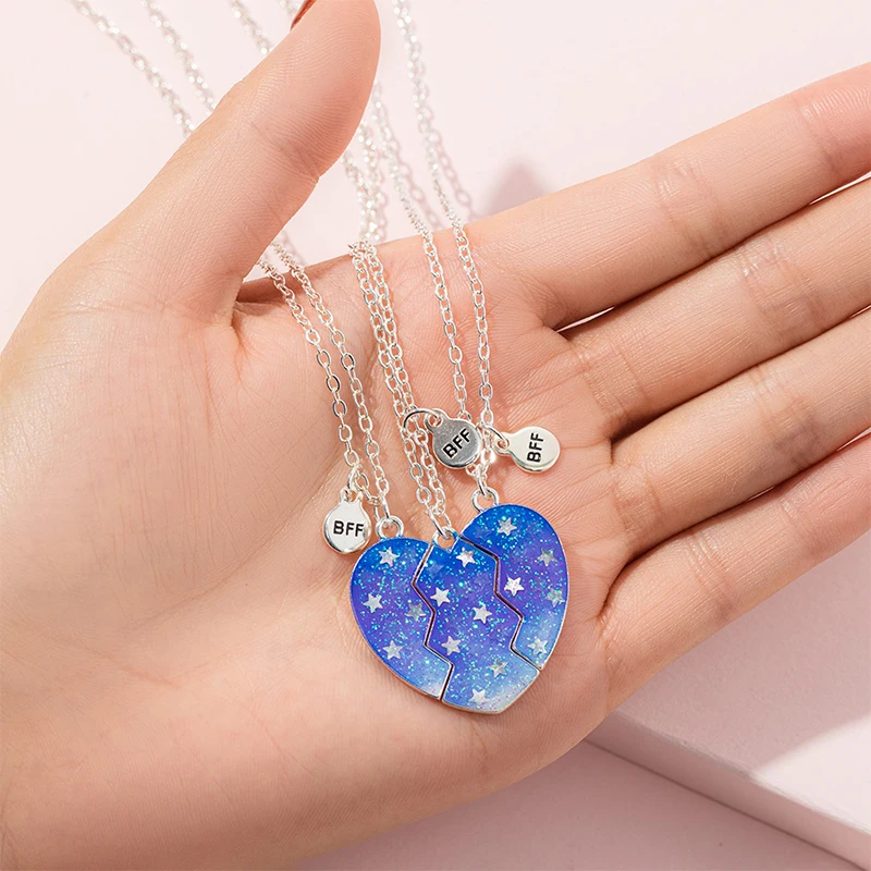 Qpeach 3Pack Heart Flower Butterfly Star Glitter Pendant Best Friend Girls BFF Necklace of 3 for Kids Friendship Jewelry Gifts