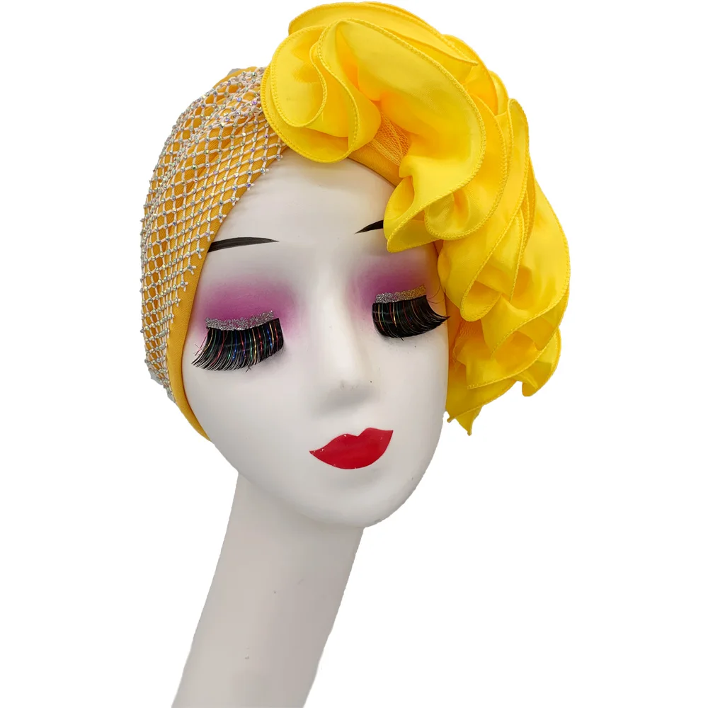 2023 New Diamonds Turban Cap for Women Ruffled African Lady Head Wraps Nigeria Party Headpiece Female Headscarf Bonnet