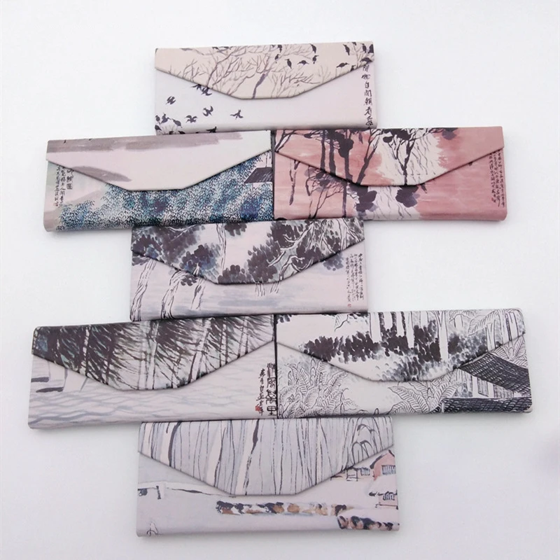 Foldable Triangular Glasses Case Vintage Pattern Chinese Tend Ink Painting Myopia Eyeglasses case Portable Hard Box With Cloth