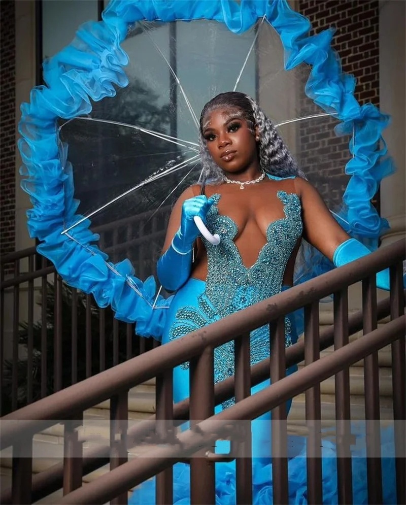 Elegant Blue Dias Prom Dresses For Black Girl Long Beaded Crystals Beading Tiered Ruffles Birthday Party Reception Gowns