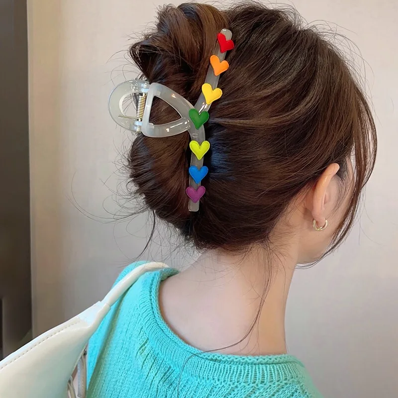 AWAYTR New Women Rainbow Love Large Hair Claw Clip Elegant Ponytail Hair Crab Shark Clip Girls Hairpin Clips Hair Accessories