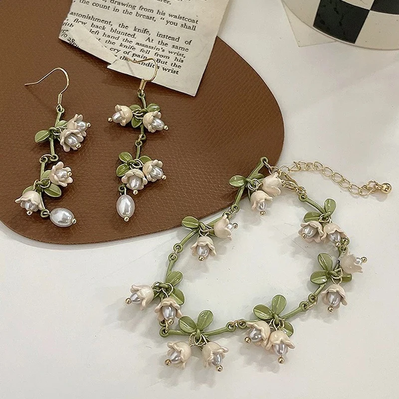 Simple White Lily Flower Pearl Jewelry Set for Woman Lily of The Valley Vintage Dangle Earrings Necklace Bracelet Accessories