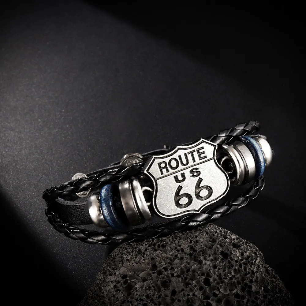 Vintage US Route 66 Printed Pattern Bracelet Men's Bracelet Metal Multilayer Leather Bracelet Accessories New Party Jewelry