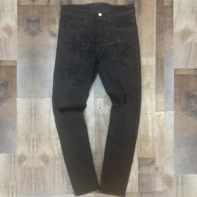 Mens Broken Hole Black Drill Pencil Jeans Slim Men Street Punk Denim Pants Classic Cowboys Skinny Young Man Biker Trousers 240318