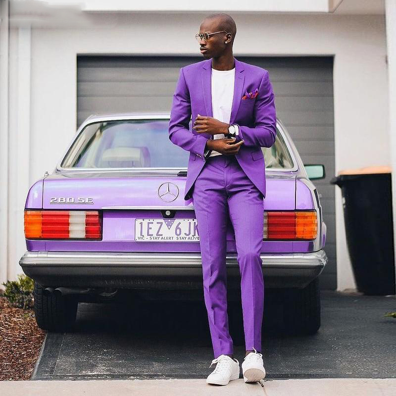 New Design Purple Notched Lapel Single Breasted Prom Suit Slim Fit Men Tuxedos Groom Wedding Suits 2 Piece Jacket+Pant