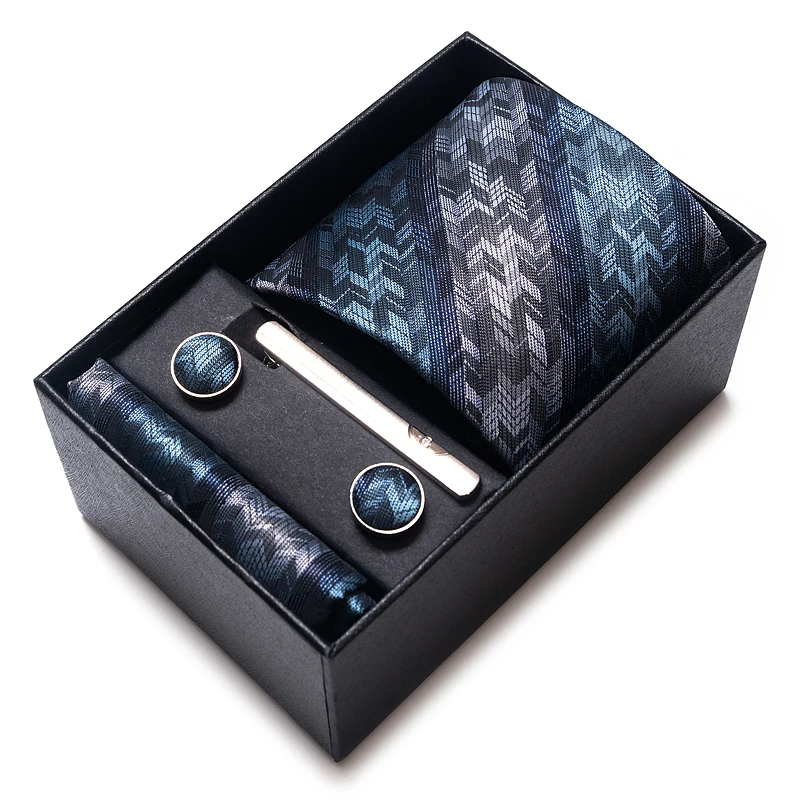 Wholesale 2023 New Style Party Cravat Gift Tie Pocket Squares Set Necktie Box Men Blue Plaid Suit Accessories Fit Wedding
