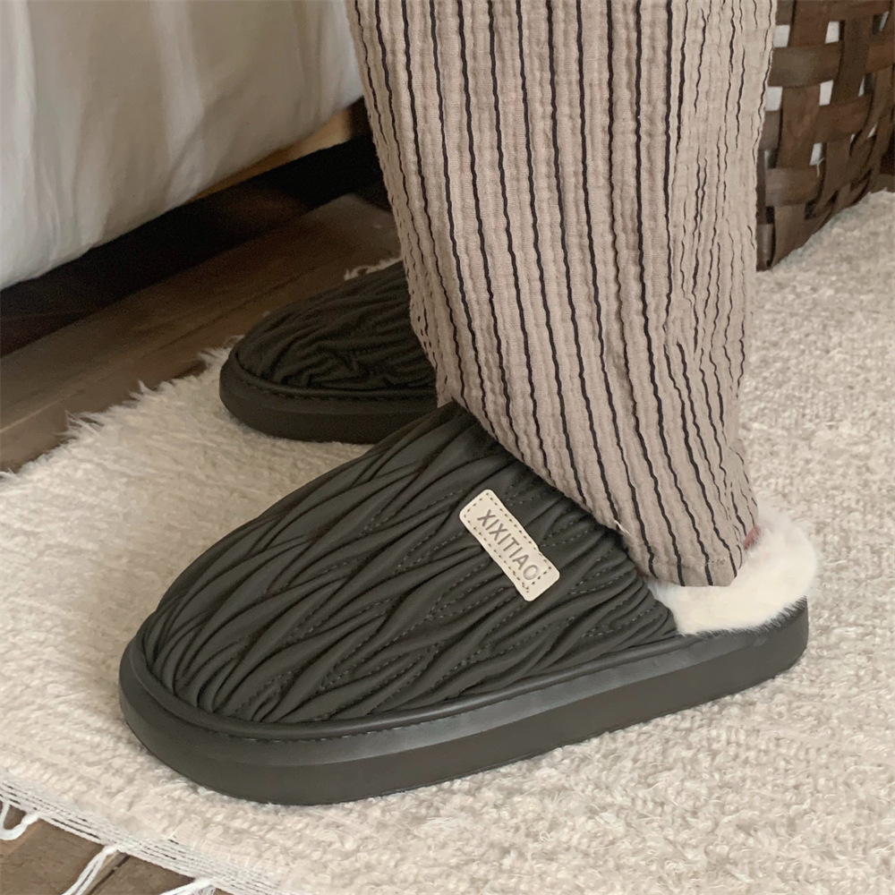 Men's winter toe pack Warm cotton slippers Fashion pleated soft sole slip men's indoor floor flat home non-slip shoes