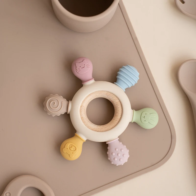 1pc Food Grade Baby Silicone Teether Rudder Shape Wooden Ring Teething Toys BPA Free Infant Chewing Nursing Toy Newborn Gifts