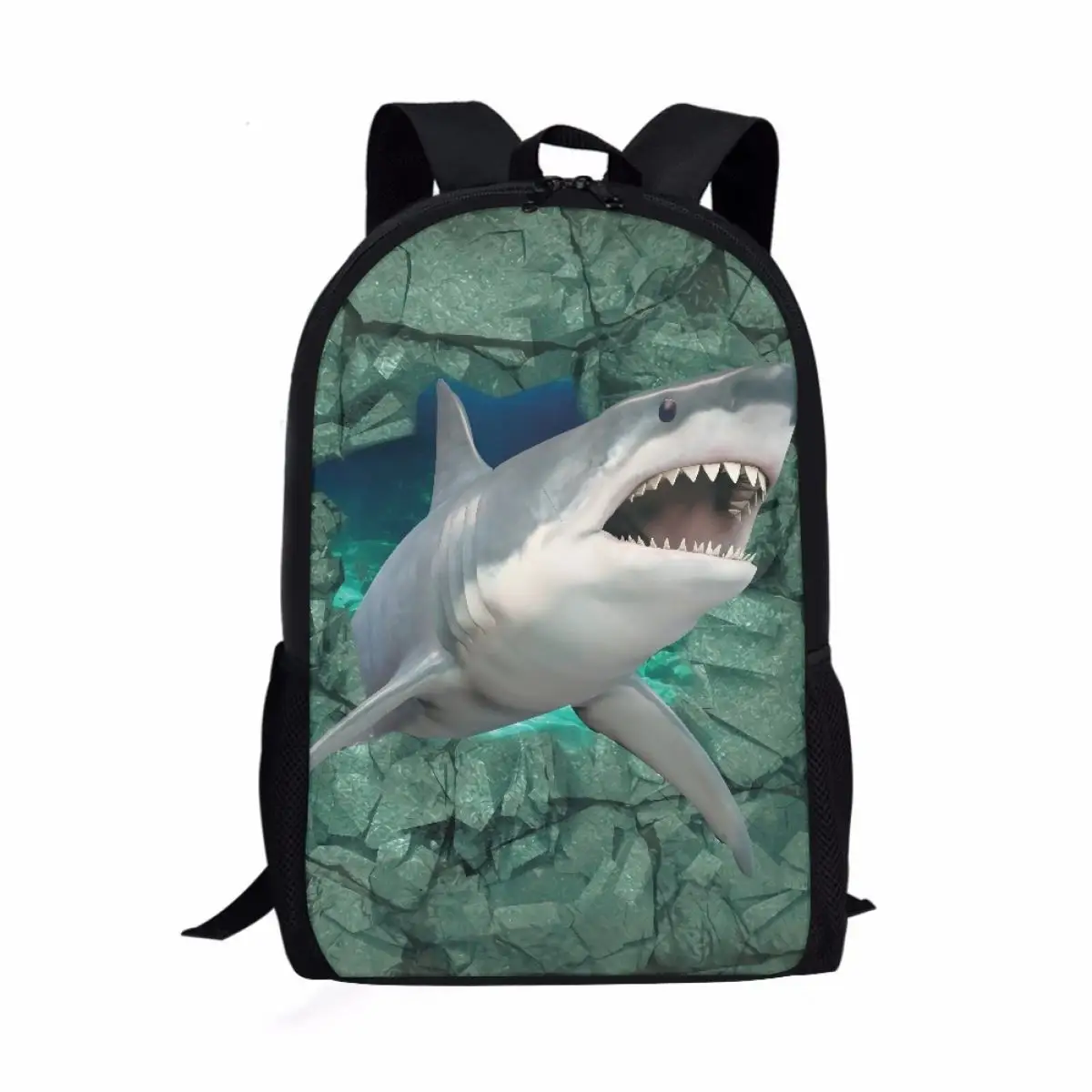 Shark 3D Printed Backpack for Primary Boys Girls Ocean Animal Bookbag Elementary School Kids Back Bag Black Backpack 16 Inches