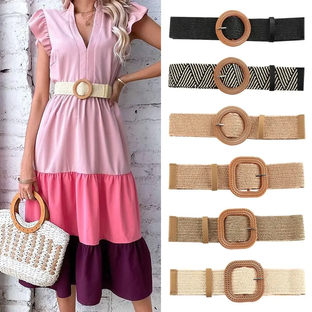 Summer Bohemian Women Elastic Waist Belt Straw Belt Braided Waistbelt Wide
