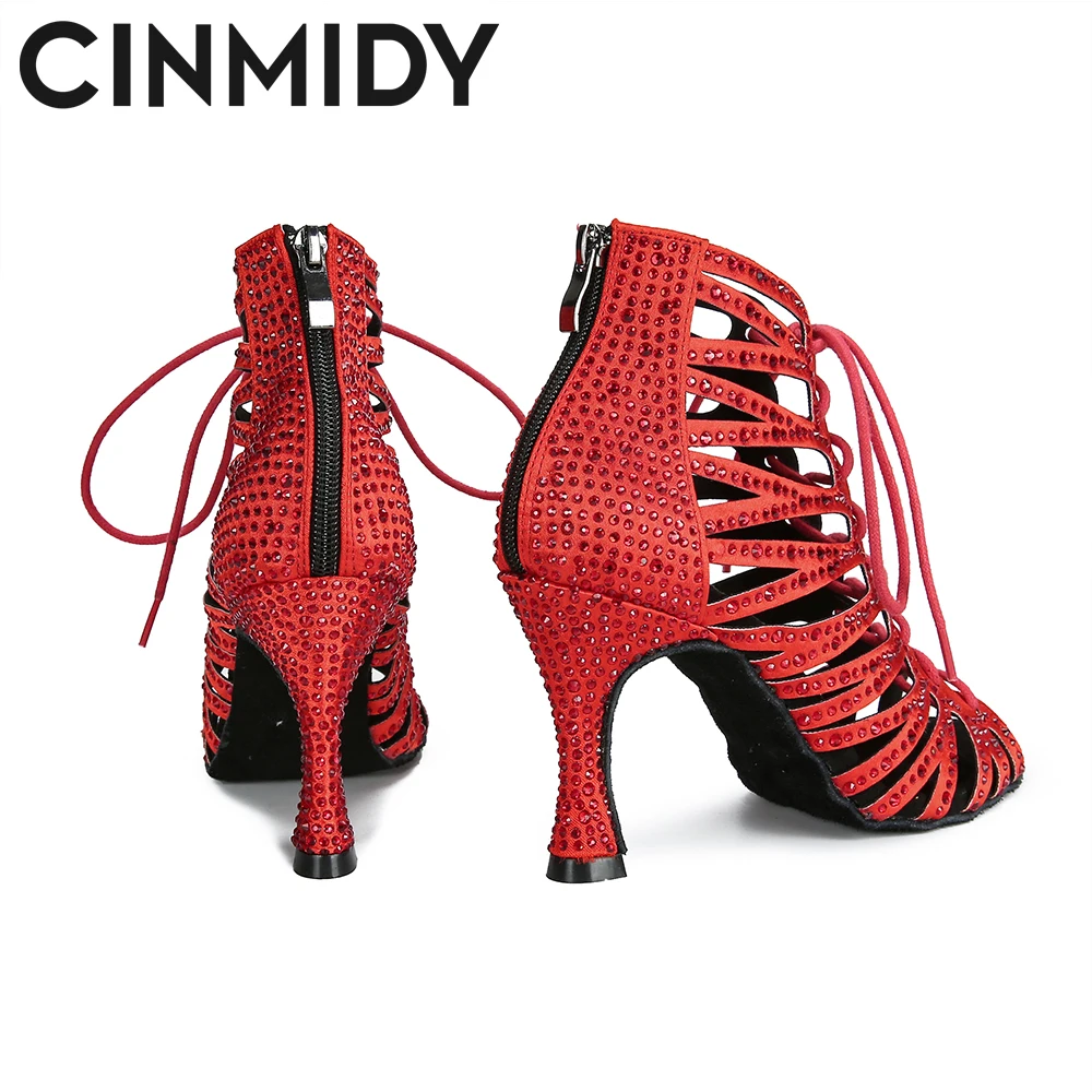 CINMIDY Black Dance Shoes For WomenT ango Salsa Latin Dance Shoes Cuban Heel Ballroom Dance Boots Red Party Shoes For Dancing