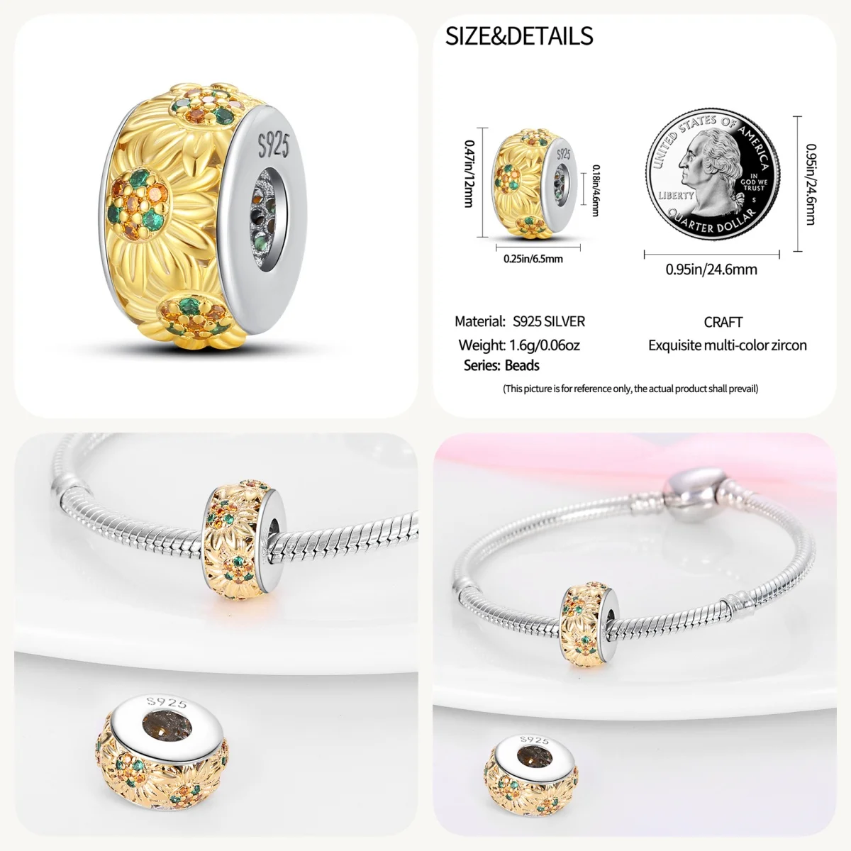 New in 925 Silver Sunflower Charms Fit Original Bracelet&Bangle For Women Birthday Fine Jewelry Gift