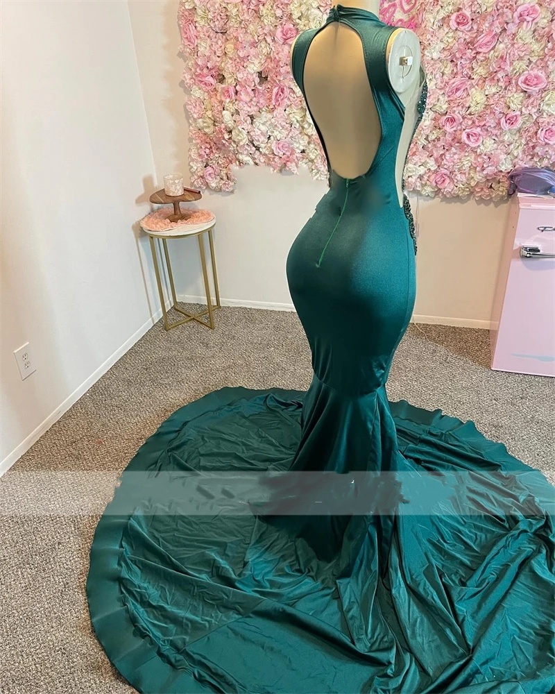 Green Sheer O Neck Long Prom Dress For Black Girls Beaded Crystal Rhinestone Birthday Party Dresses Mermaid Evening Gowns