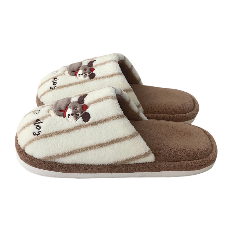 Casual Fluffy slippers for Ladies Home flats Cute little doggie Day contrasting color Stripes for girls Fashion Winter Slippers for houses Warm shoes
