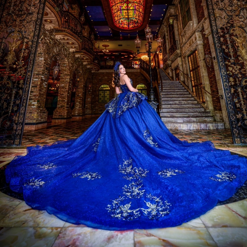 Royal Blue Shiny Quinceanera Dresses Ball Gown Lace Applique Sequins Beads Tull Mexico Corset Sweet 16 Vestido De 15 Anos