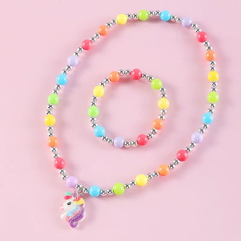 Makersland Children Necklace Bracelet Set,Cute Pendant Pink Purple Beaded Jewellery Girls Necklace Beads Jewelry Sets Wholesale