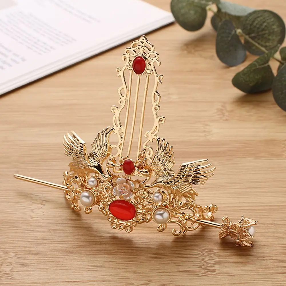New Ancient Style Hair Crown Chinese Hanfu Hairpin Gem Crane Simple Hair Stick For Bride Wedding Temperament Hair Accessories