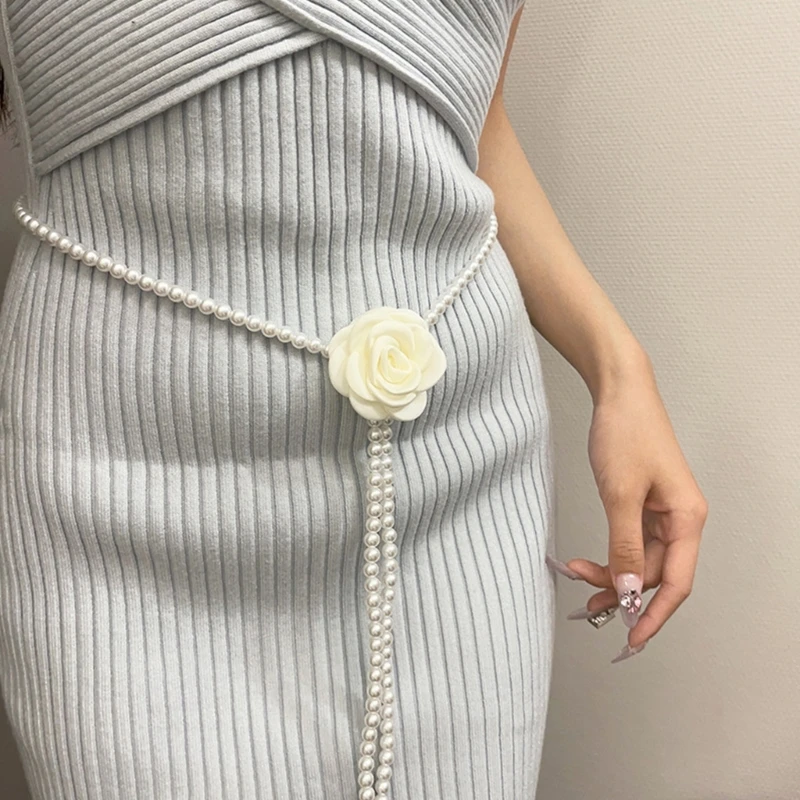 Women Body Chain Camellia Flower Pearl Waist Chain Belt Belly Chain Waistbelt for Female Body Jewelry Lady Accessories