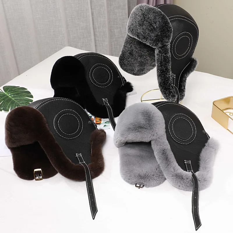 Fashion Mens Genuine Rex Rabbit Fur Bomber Hat Wusanka Hat Hunter Russian Mens Ski Hat Genuine Sheepskin Winter Warmth 241031